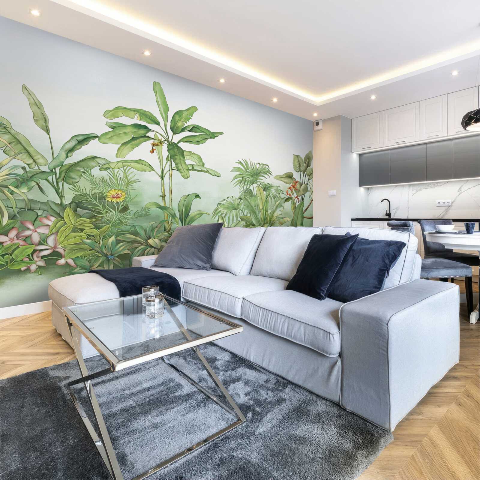 Fototapet vegetație tropicală și nisip ușor pe plajă