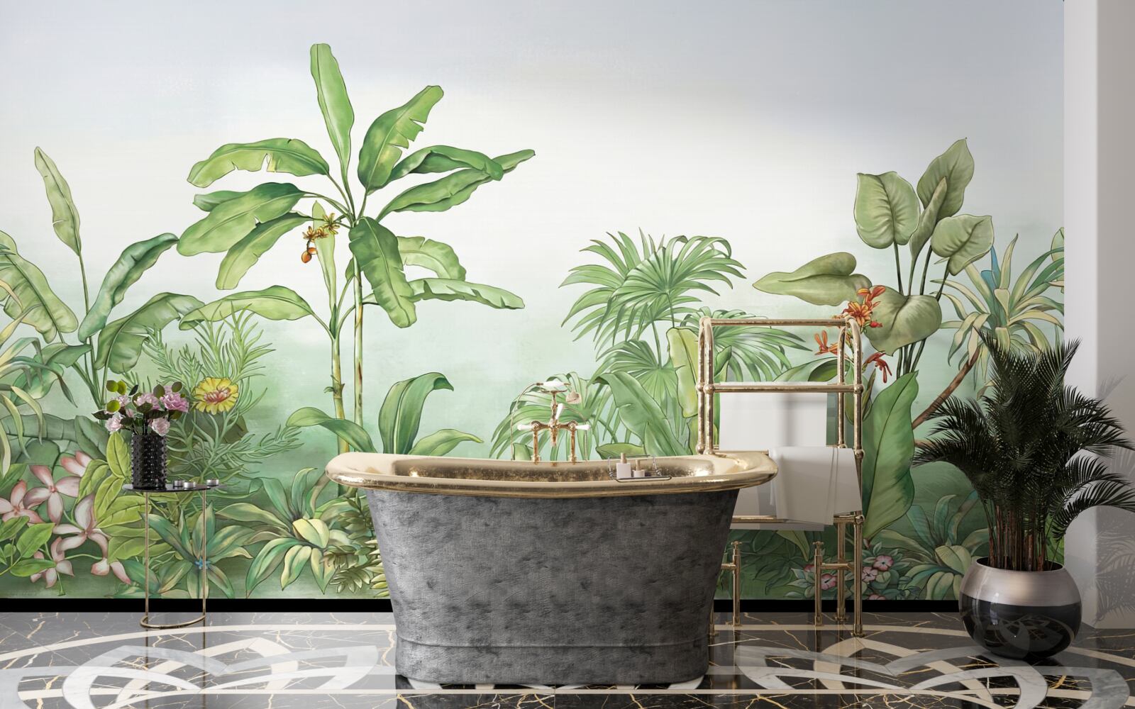 Fototapet vegetație tropicală și nisip ușor pe plajă