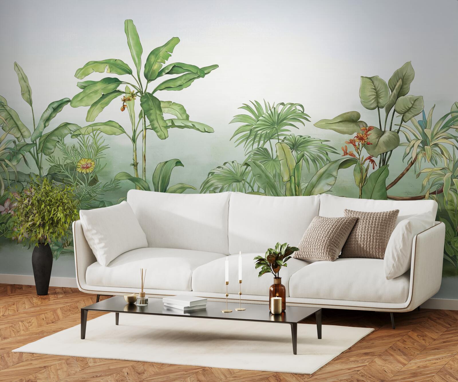 Fototapet vegetație tropicală și nisip ușor pe plajă