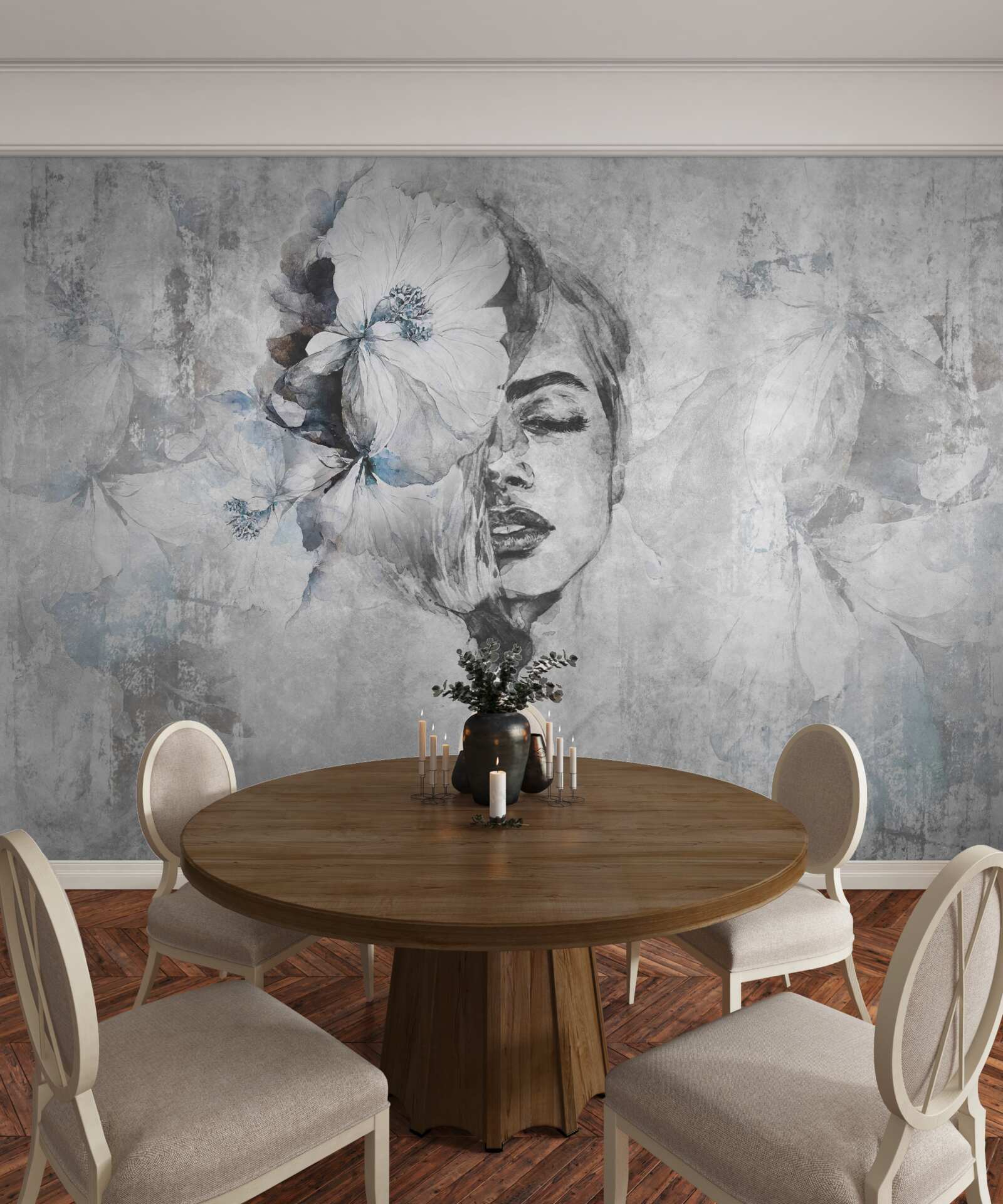 Fototapet imagine a unei fete pe un fundal gri