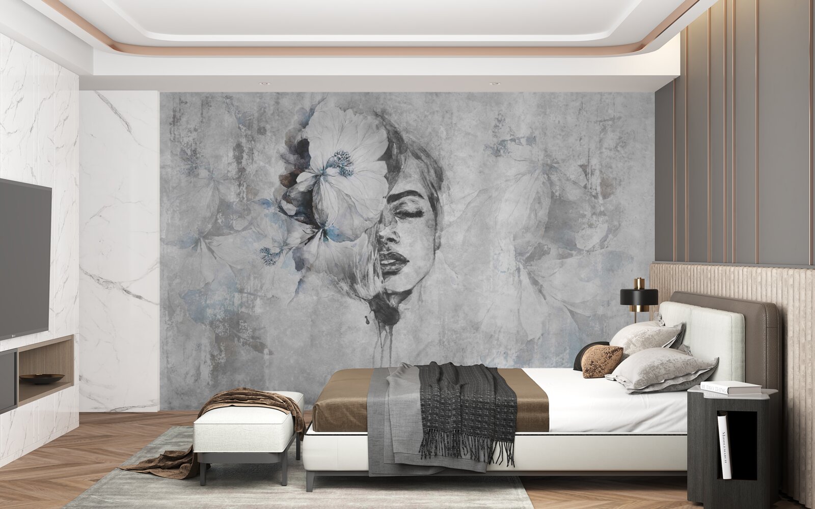 Fototapet imagine a unei fete pe un fundal gri