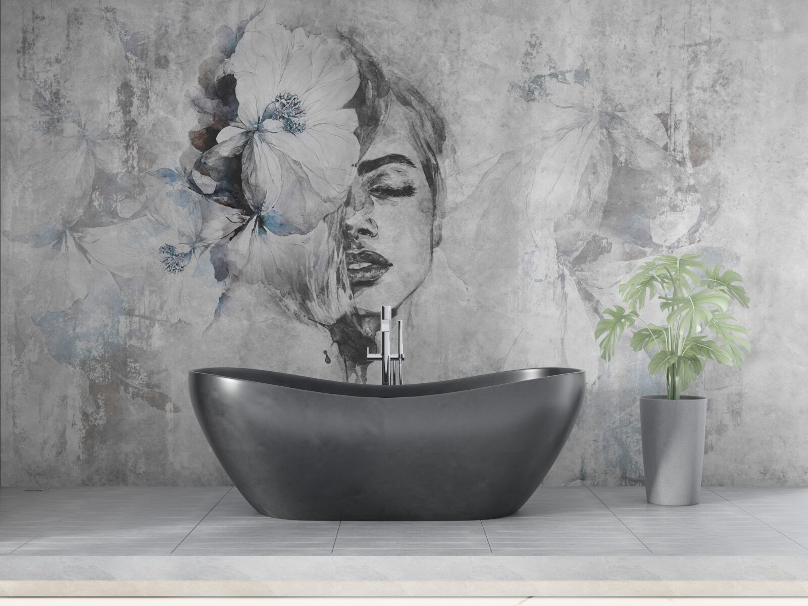 Fototapet imagine a unei fete pe un fundal gri