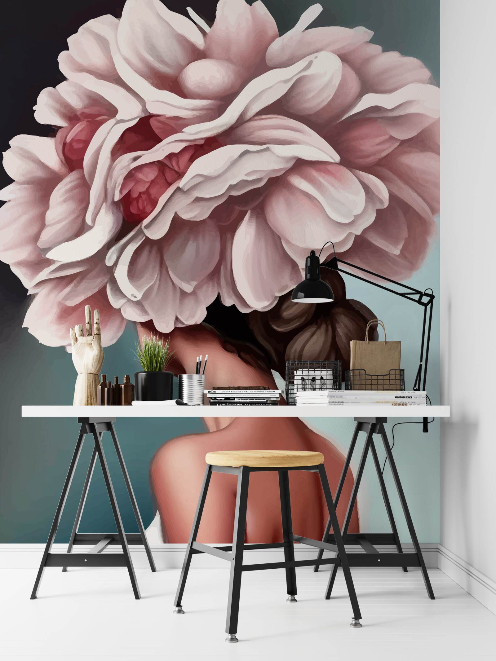 Fototapet fată al cărei păr a fost înlocuit cu flori