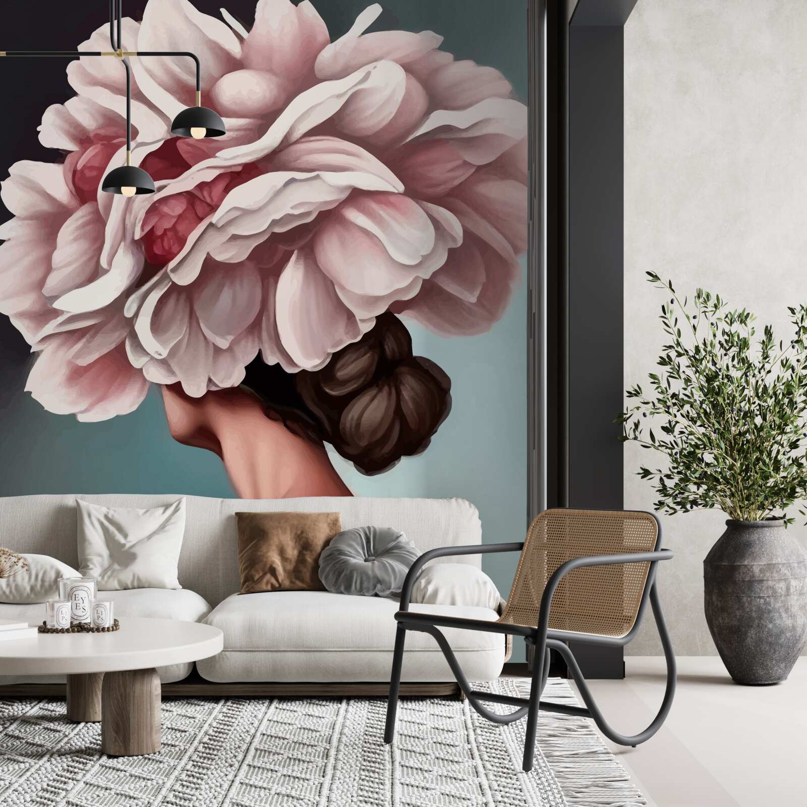 Fototapet fată al cărei păr a fost înlocuit cu flori