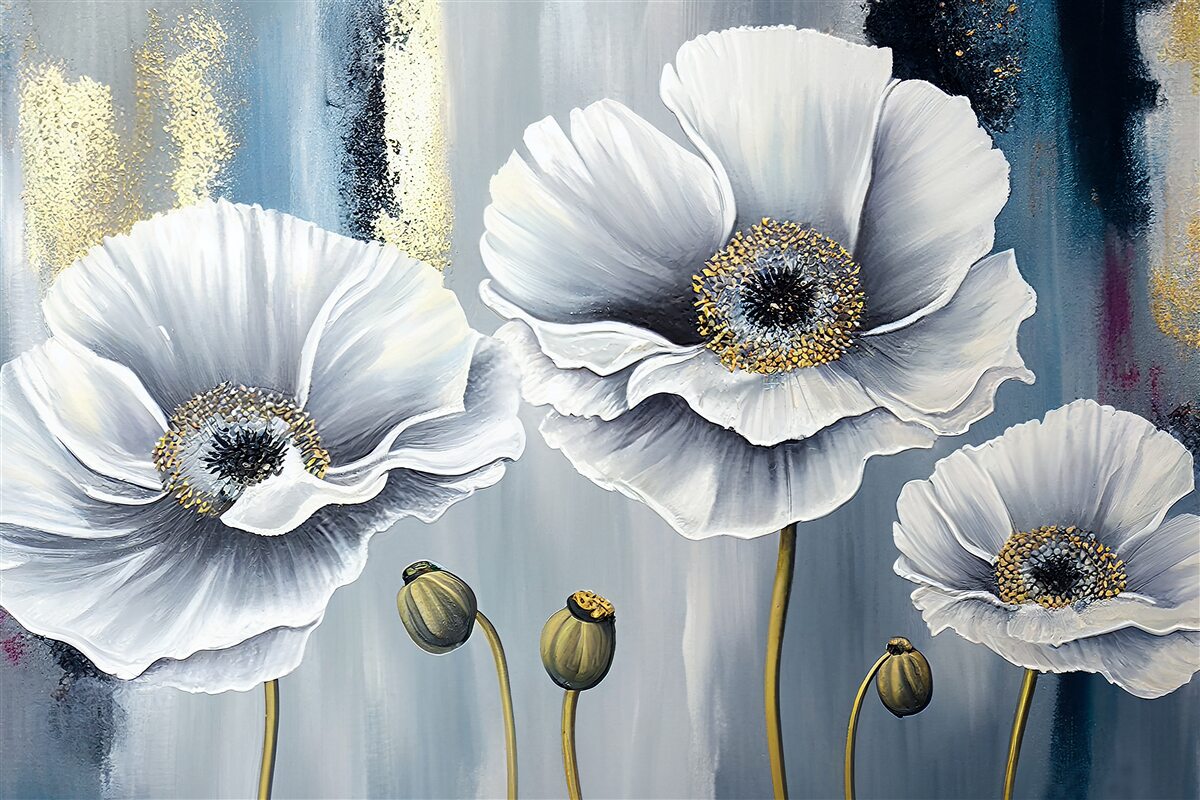 Fototapet capete albe strălucitoare de maci înfloriți