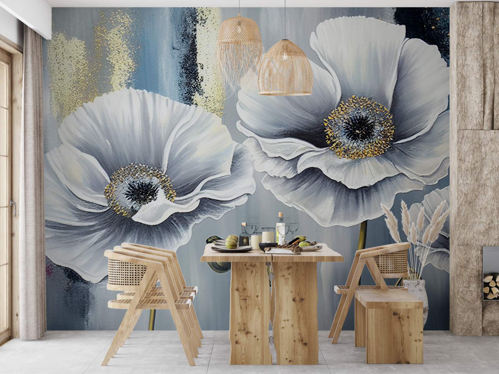 Fototapet capete albe strălucitoare de maci înfloriți