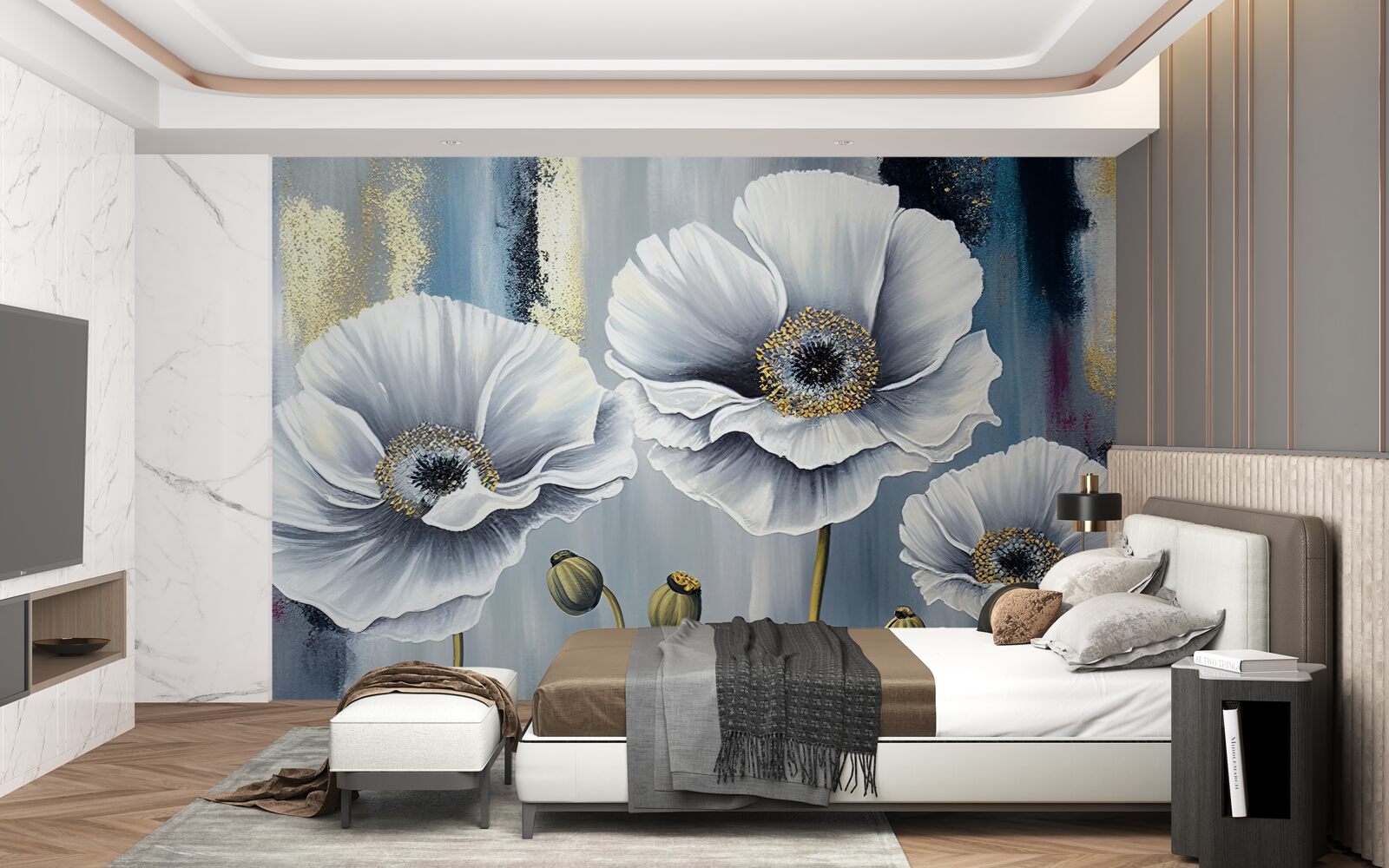 Fototapet capete albe strălucitoare de maci înfloriți