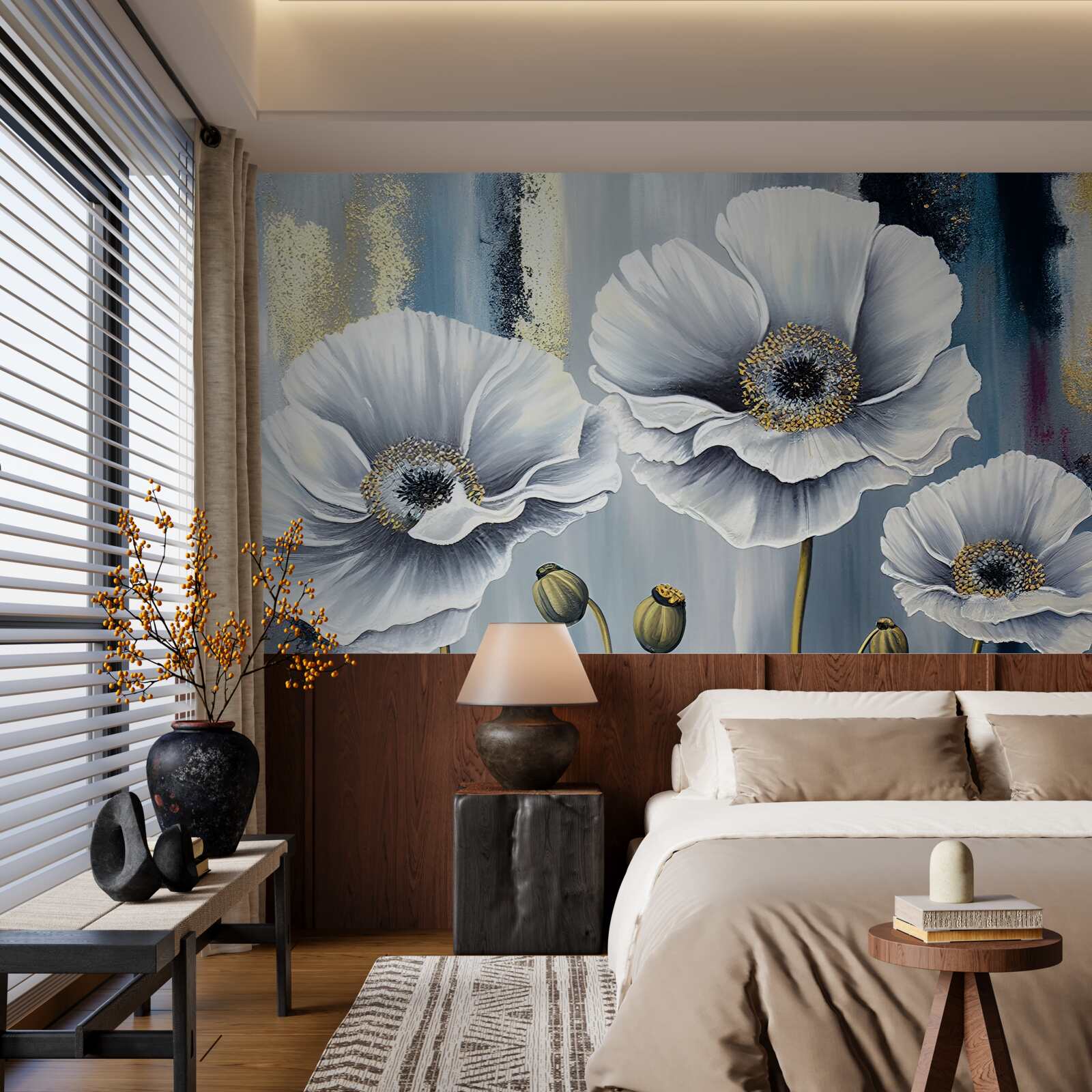 Fototapet capete albe strălucitoare de maci înfloriți