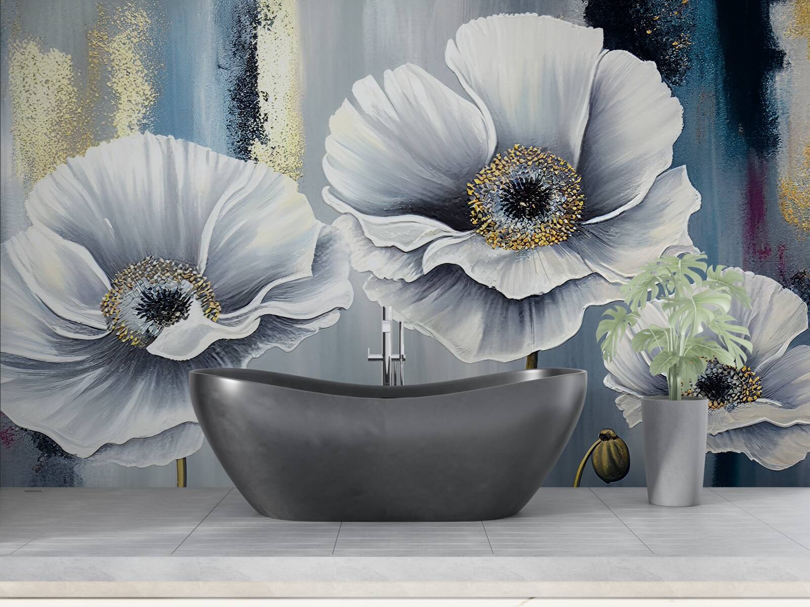 Fototapet capete albe strălucitoare de maci înfloriți