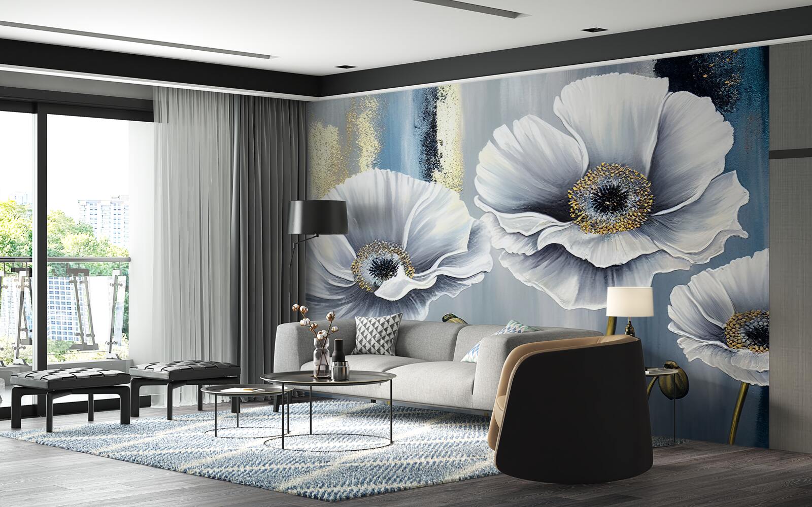 Fototapet capete albe strălucitoare de maci înfloriți