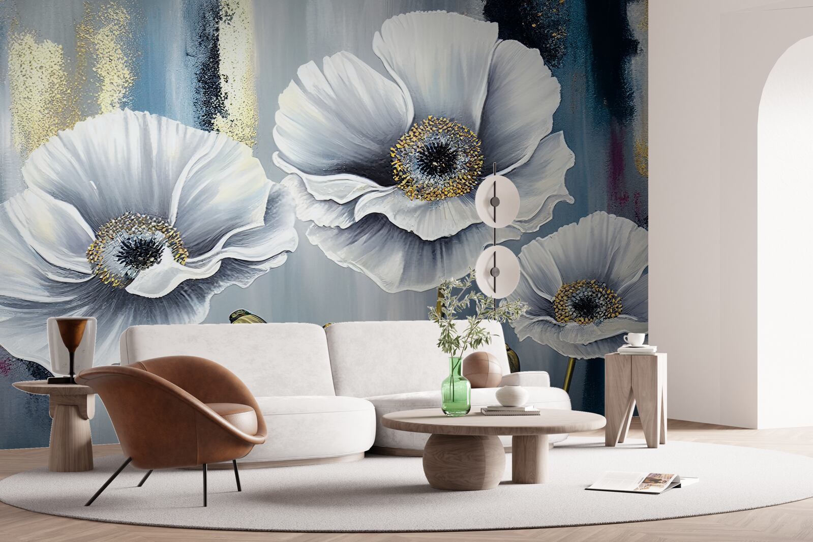 Fototapet capete albe strălucitoare de maci înfloriți