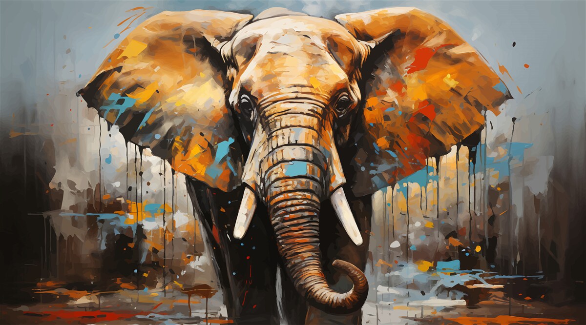 Fototapet imagine pictată a unui elefant mare cu colți