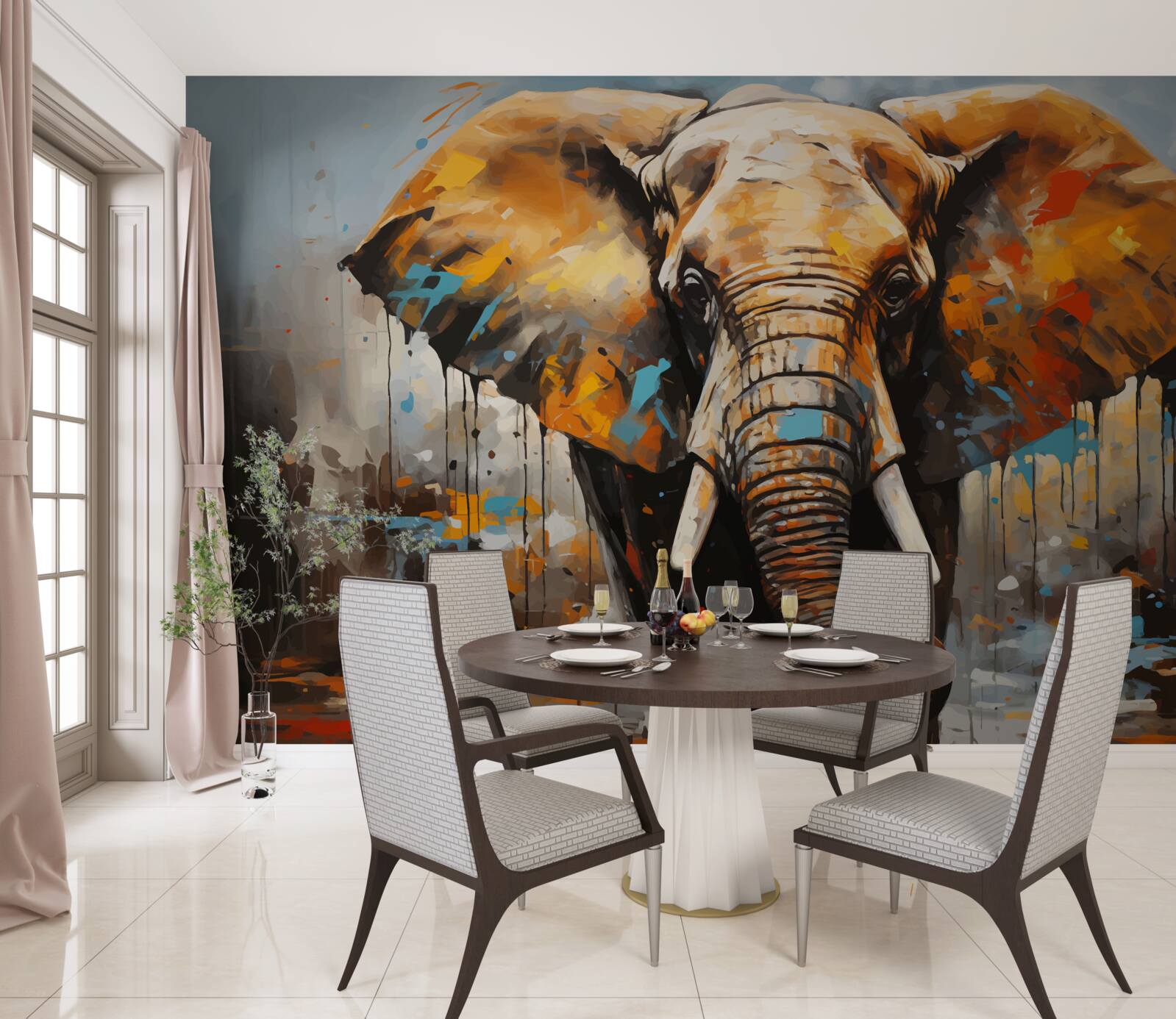 Fototapet imagine pictată a unui elefant mare cu colți