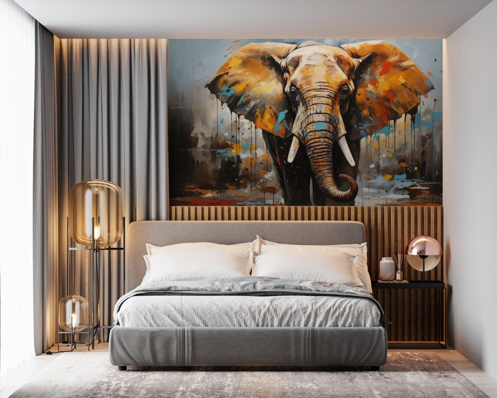 Fototapet imagine pictată a unui elefant mare cu colți