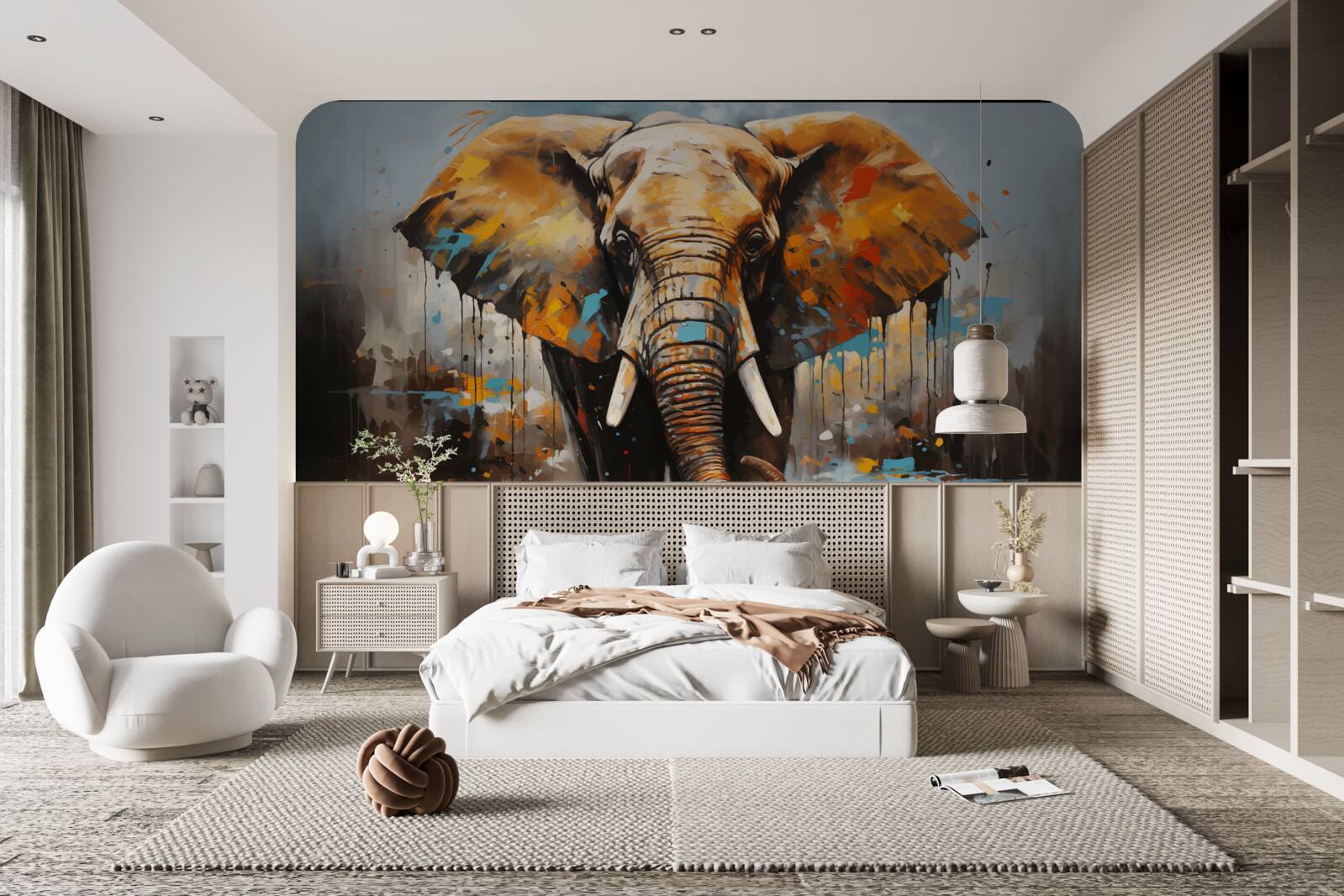 Fototapet imagine pictată a unui elefant mare cu colți