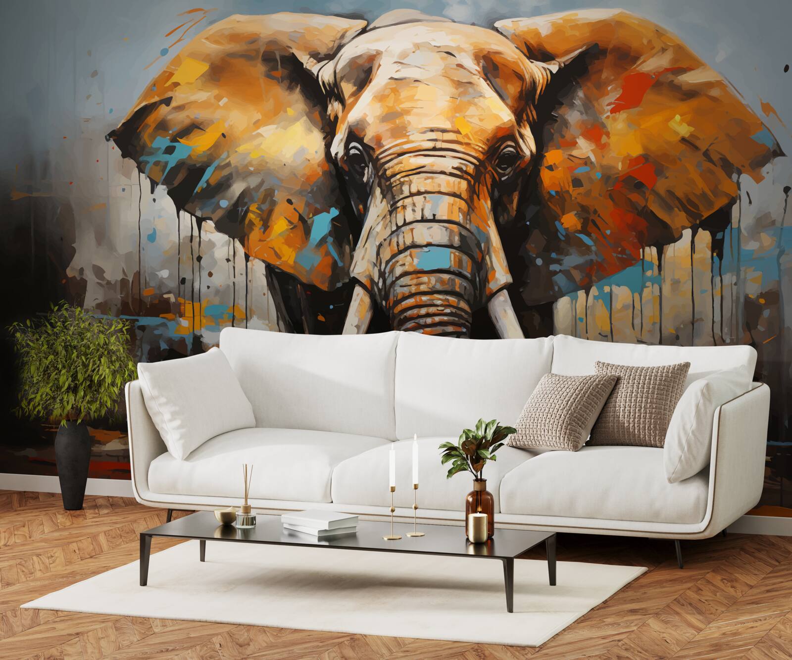 Fototapet imagine pictată a unui elefant mare cu colți