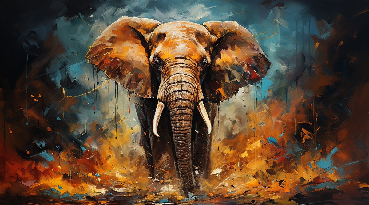 Fototapet puternicul elefant se plimbă la asfințit