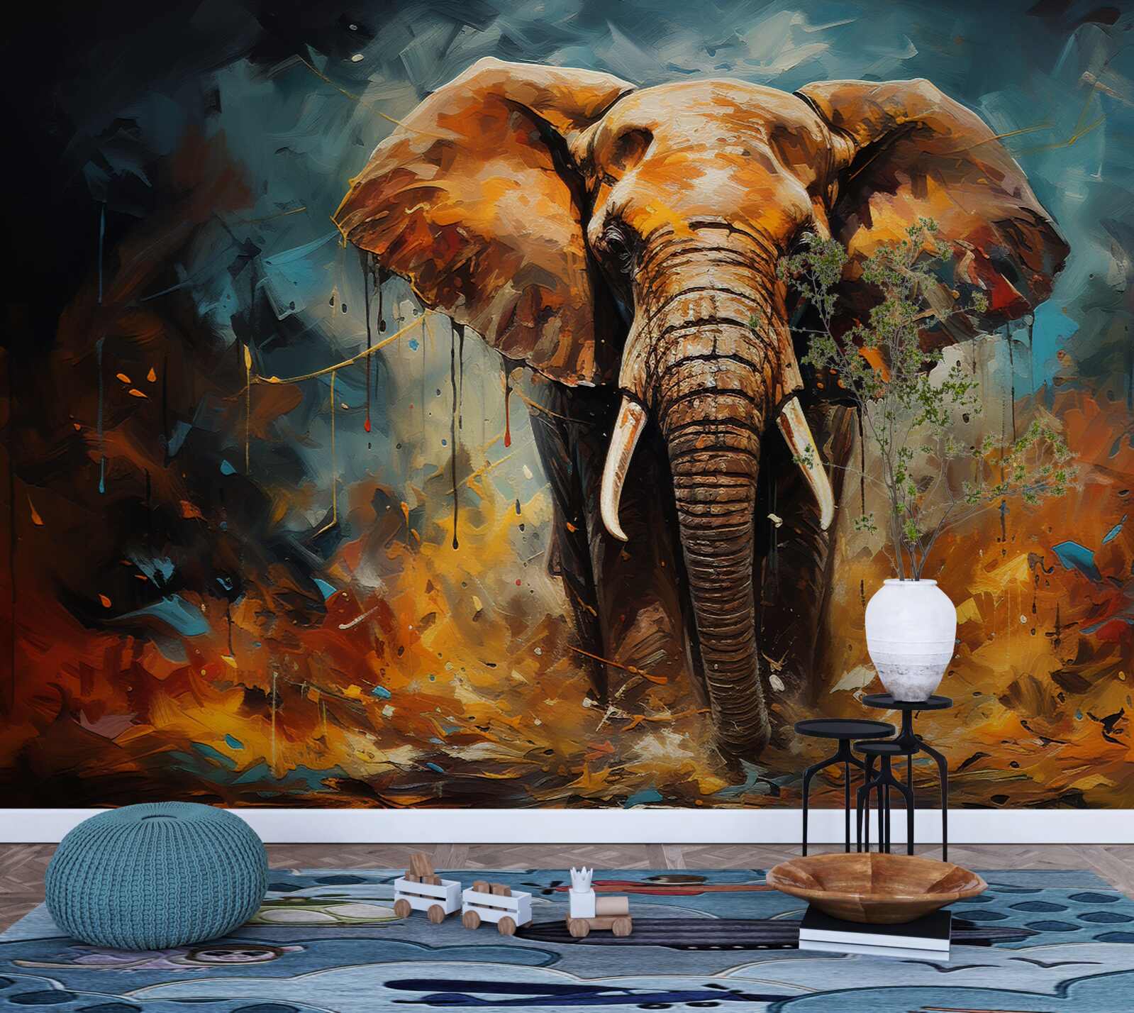 Fototapet puternicul elefant se plimbă la asfințit