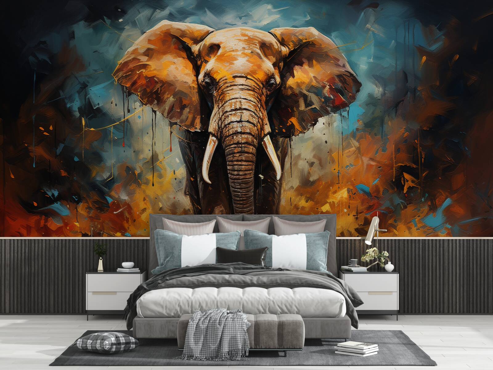 Fototapet puternicul elefant se plimbă la asfințit