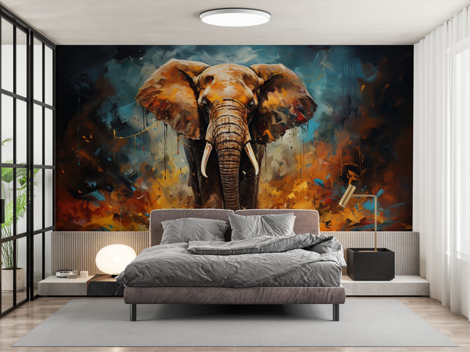 Fototapet puternicul elefant se plimbă la asfințit