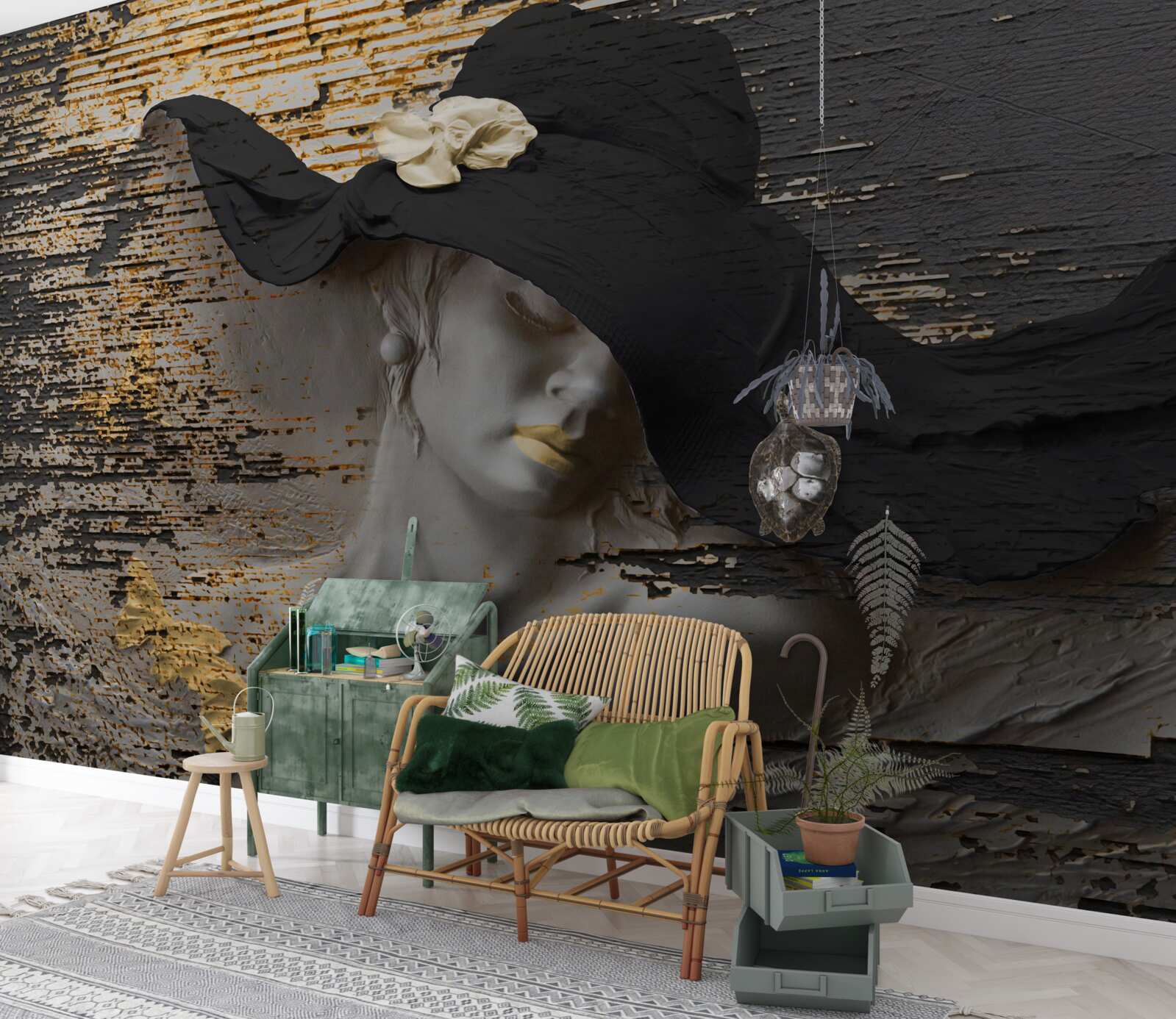 Fototapet femeie cu flori într-o pălărie