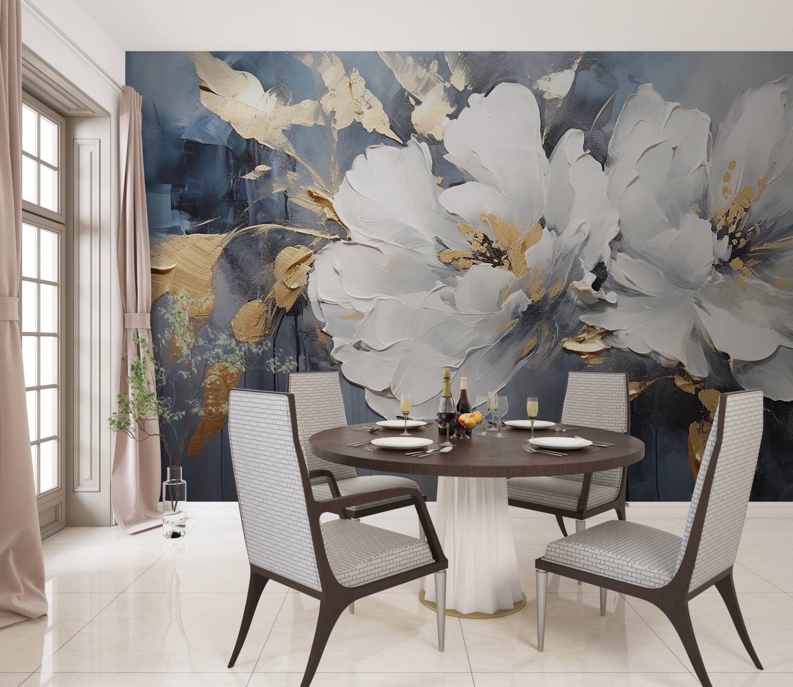 Fototapet în timpul unei ploi torențiale, muguri moi, albi ca zăpada