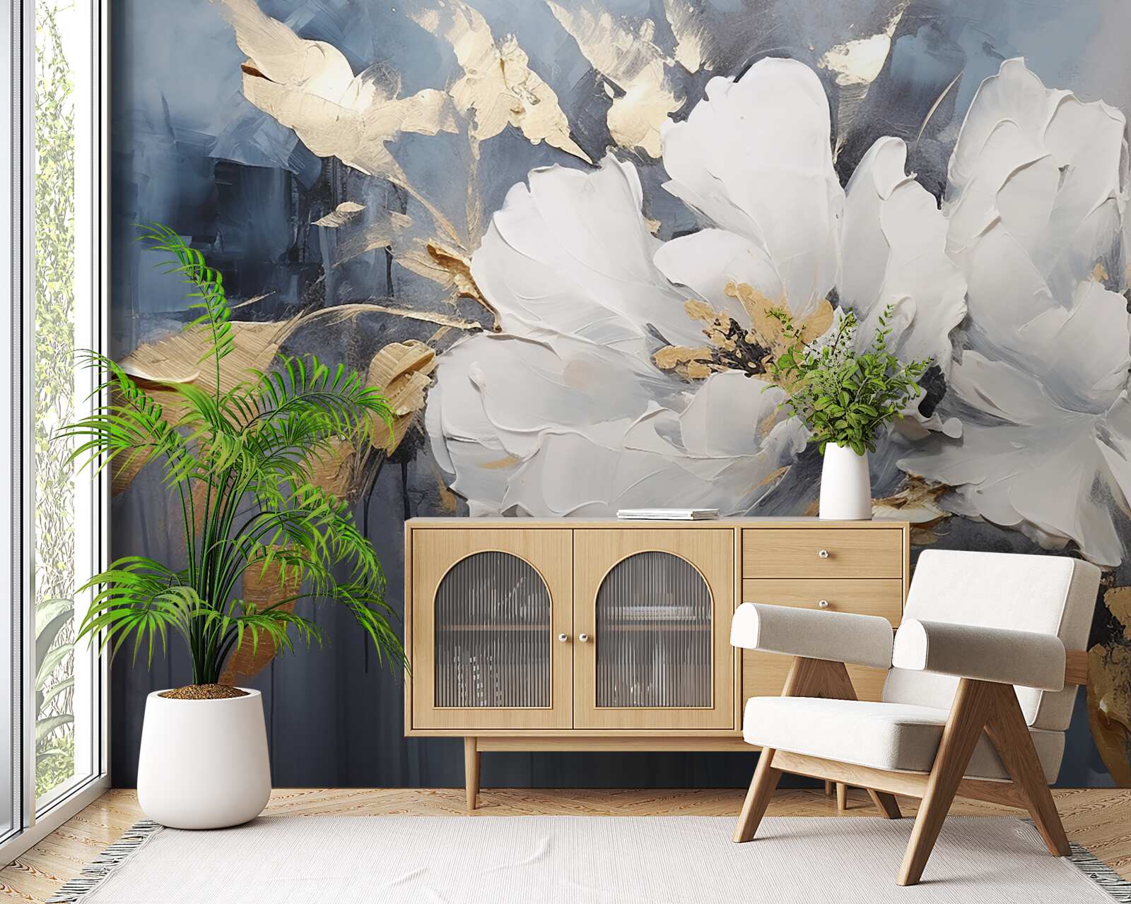 Fototapet în timpul unei ploi torențiale, muguri moi, albi ca zăpada