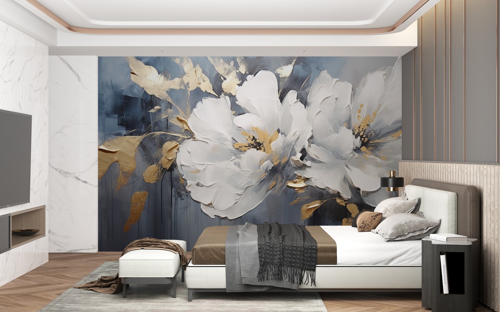 Fototapet în timpul unei ploi torențiale, muguri moi, albi ca zăpada