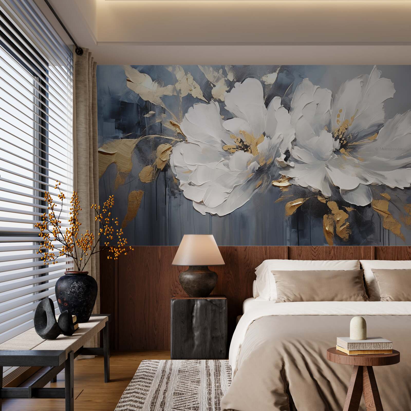 Fototapet în timpul unei ploi torențiale, muguri moi, albi ca zăpada