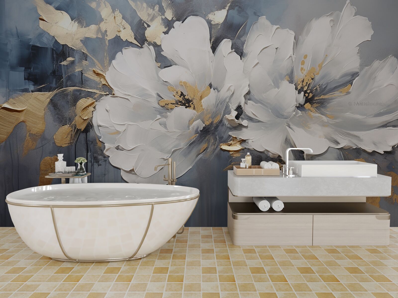 Fototapet în timpul unei ploi torențiale, muguri moi, albi ca zăpada