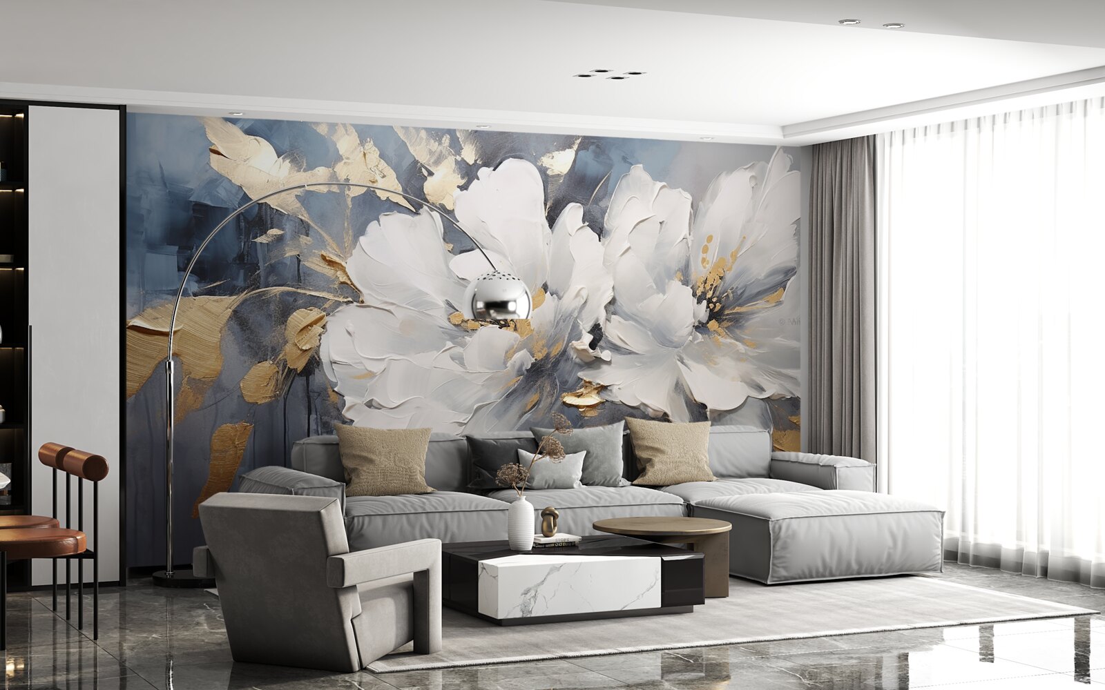 Fototapet în timpul unei ploi torențiale, muguri moi, albi ca zăpada