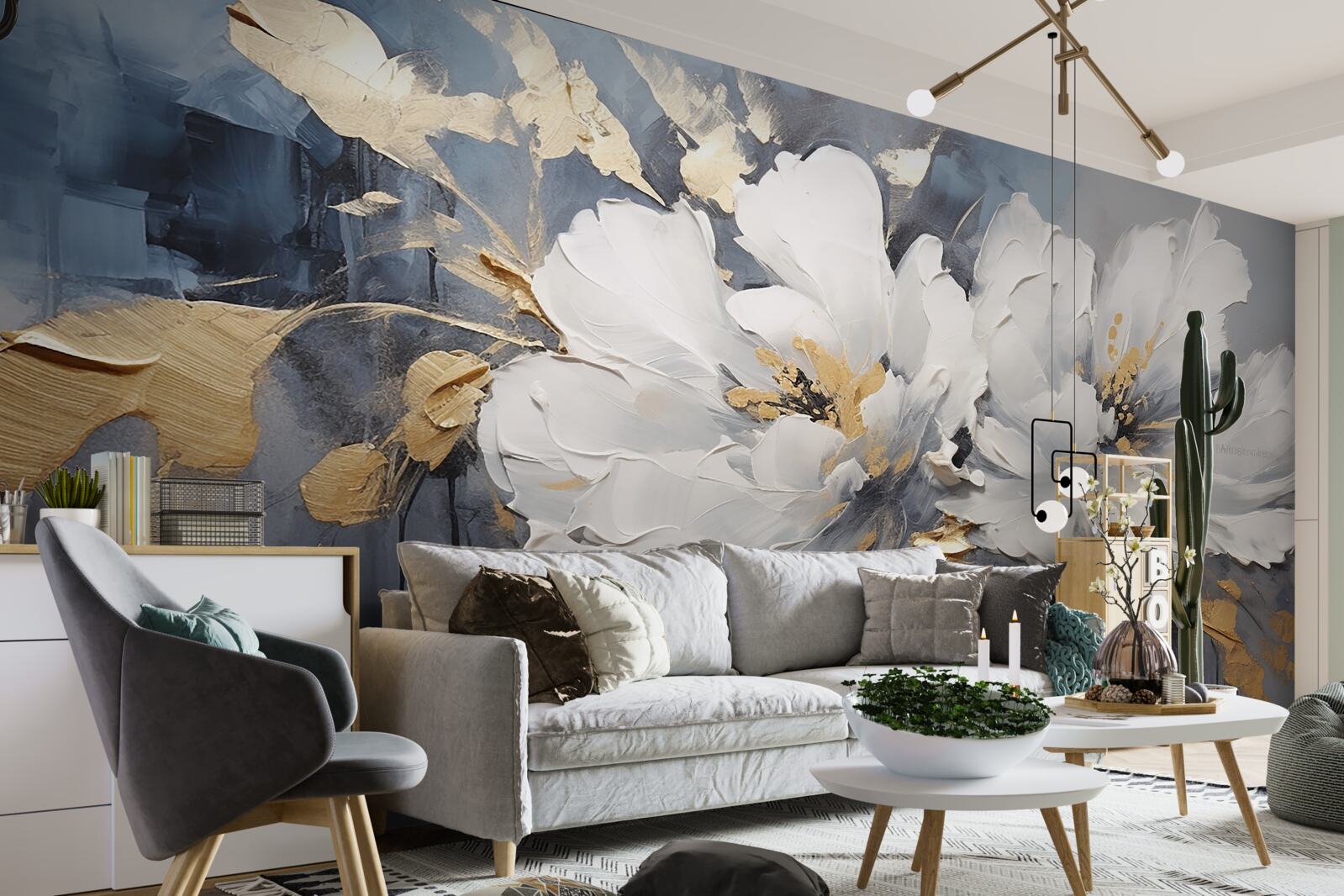 Fototapet în timpul unei ploi torențiale, muguri moi, albi ca zăpada