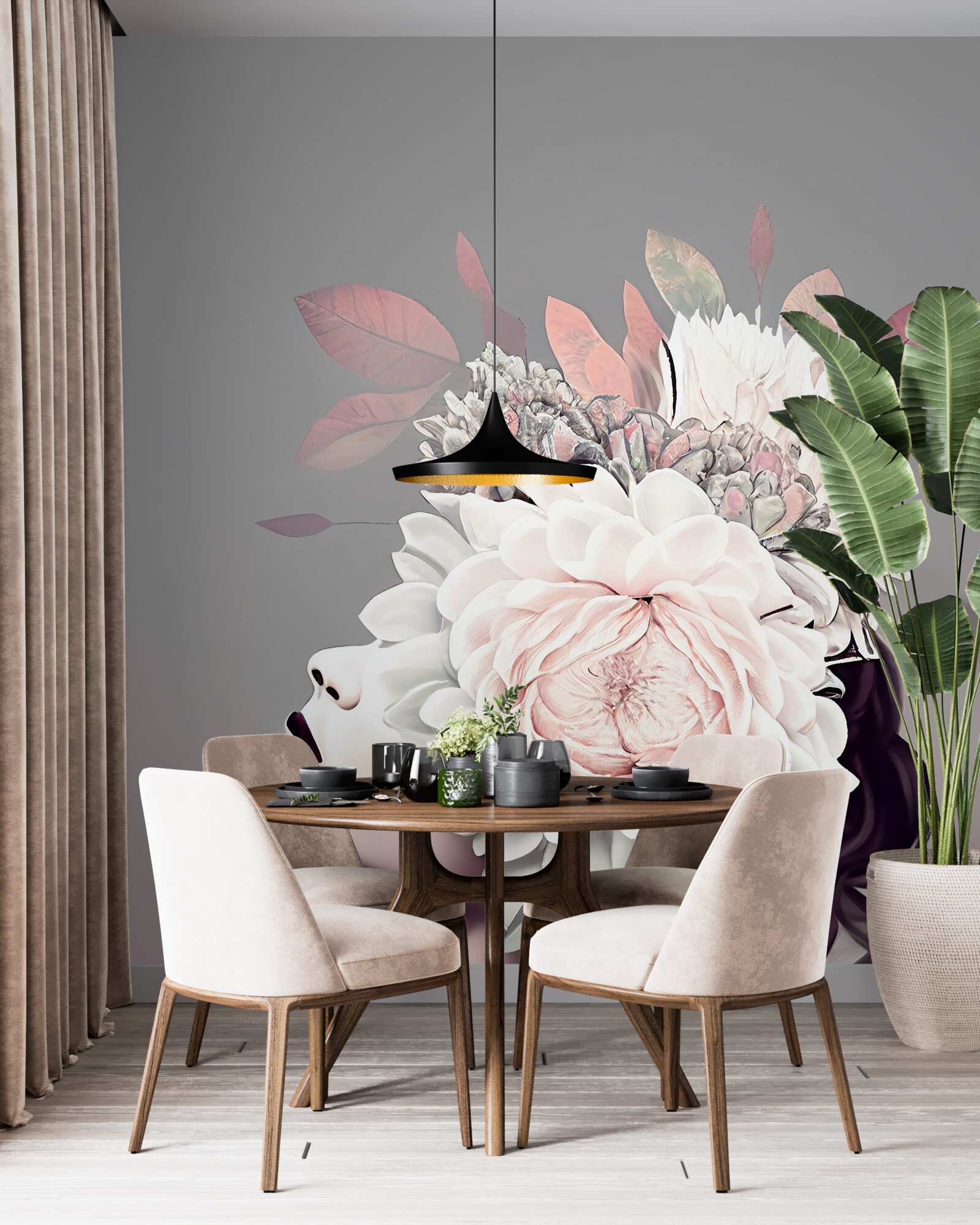 Fototapet tânără doamnă cu flori decorând părul ei