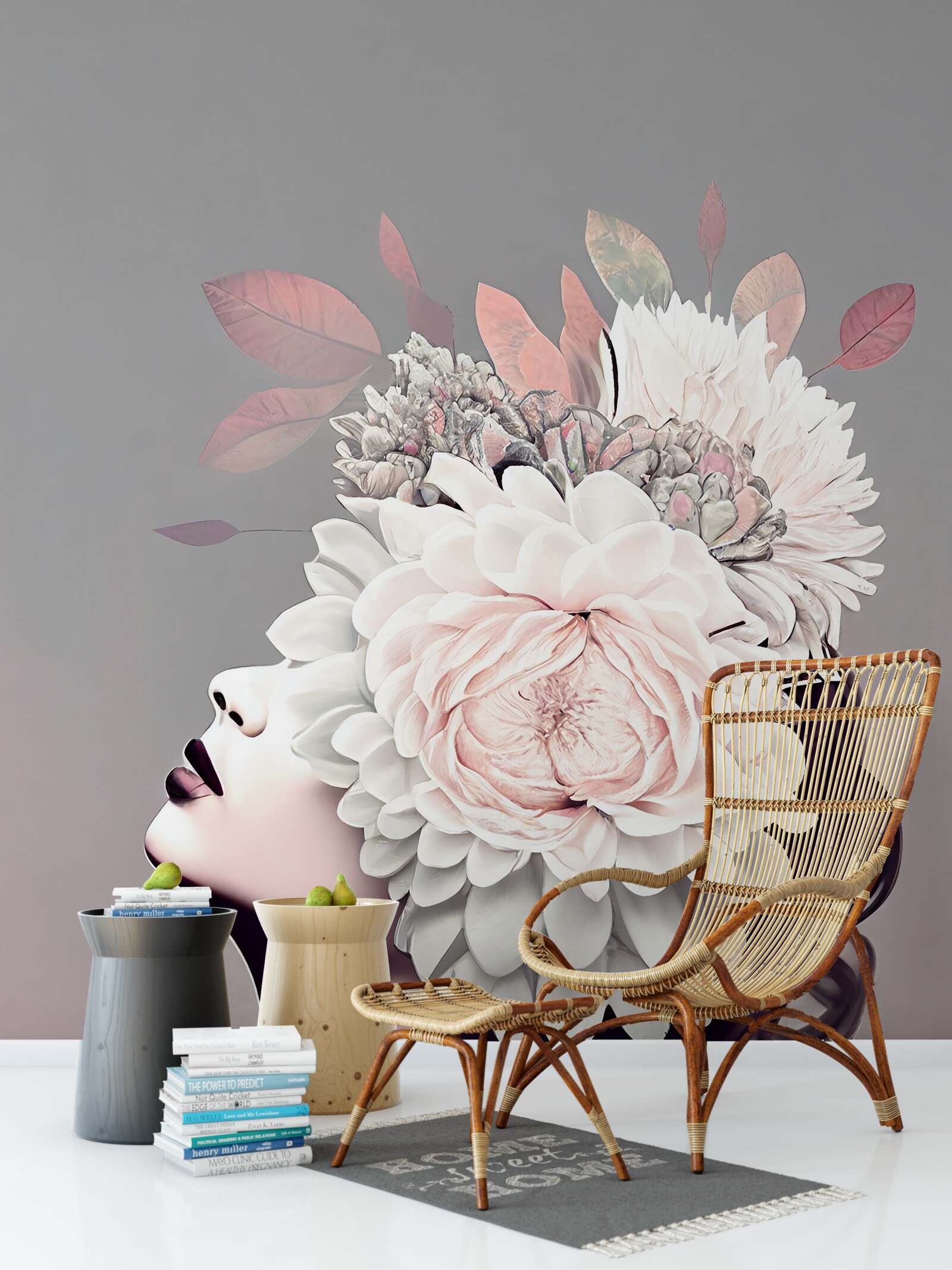 Fototapet tânără doamnă cu flori decorând părul ei