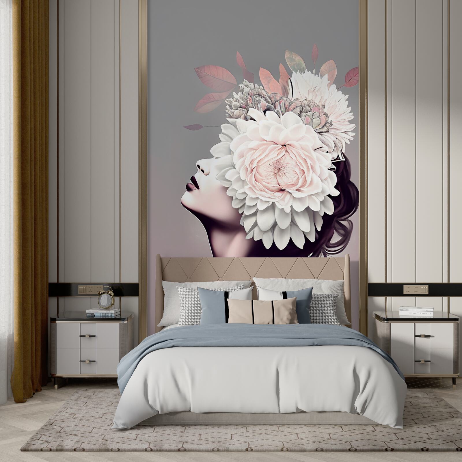 Fototapet tânără doamnă cu flori decorând părul ei