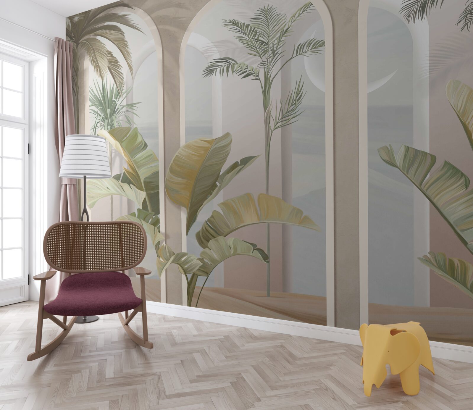 Fototapet palmieri și ferigi sub arcade înalte