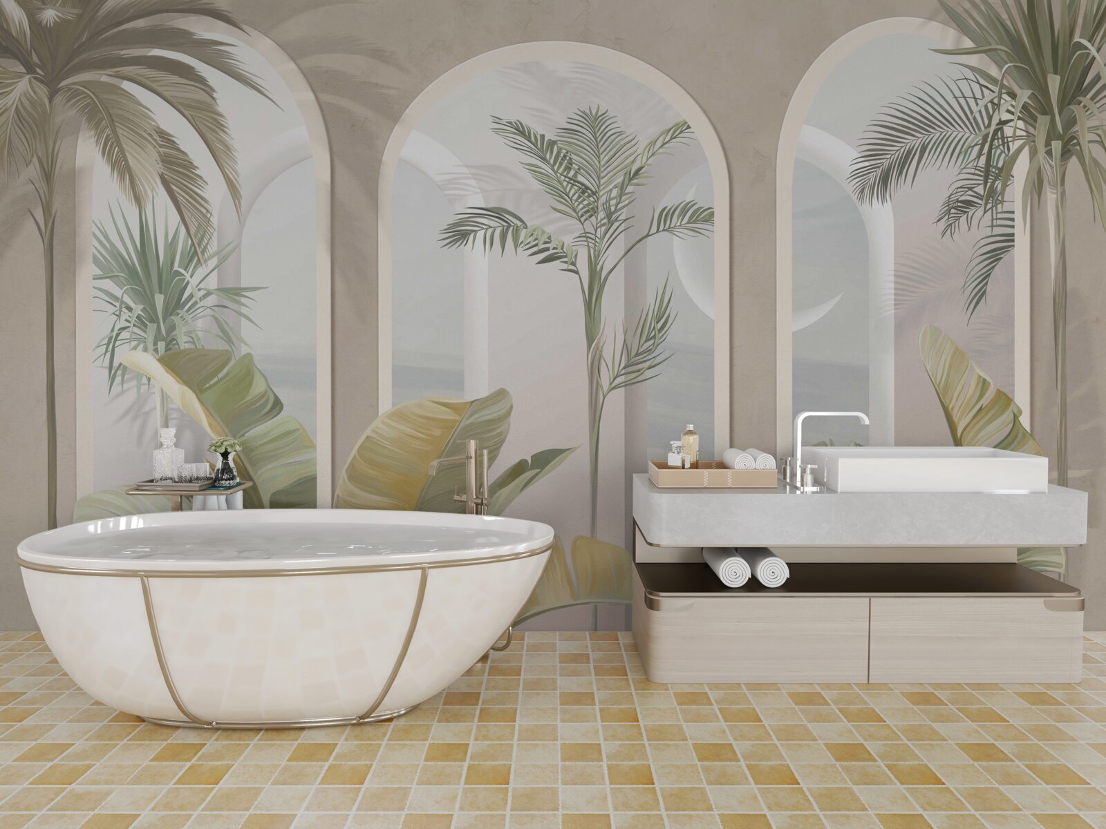 Fototapet palmieri și ferigi sub arcade înalte