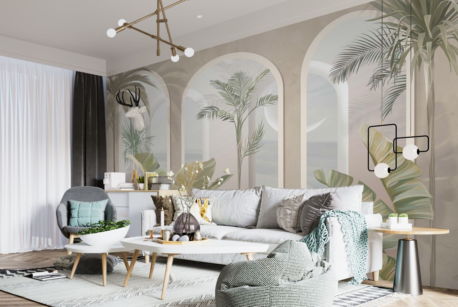 Fototapet palmieri și ferigi sub arcade înalte