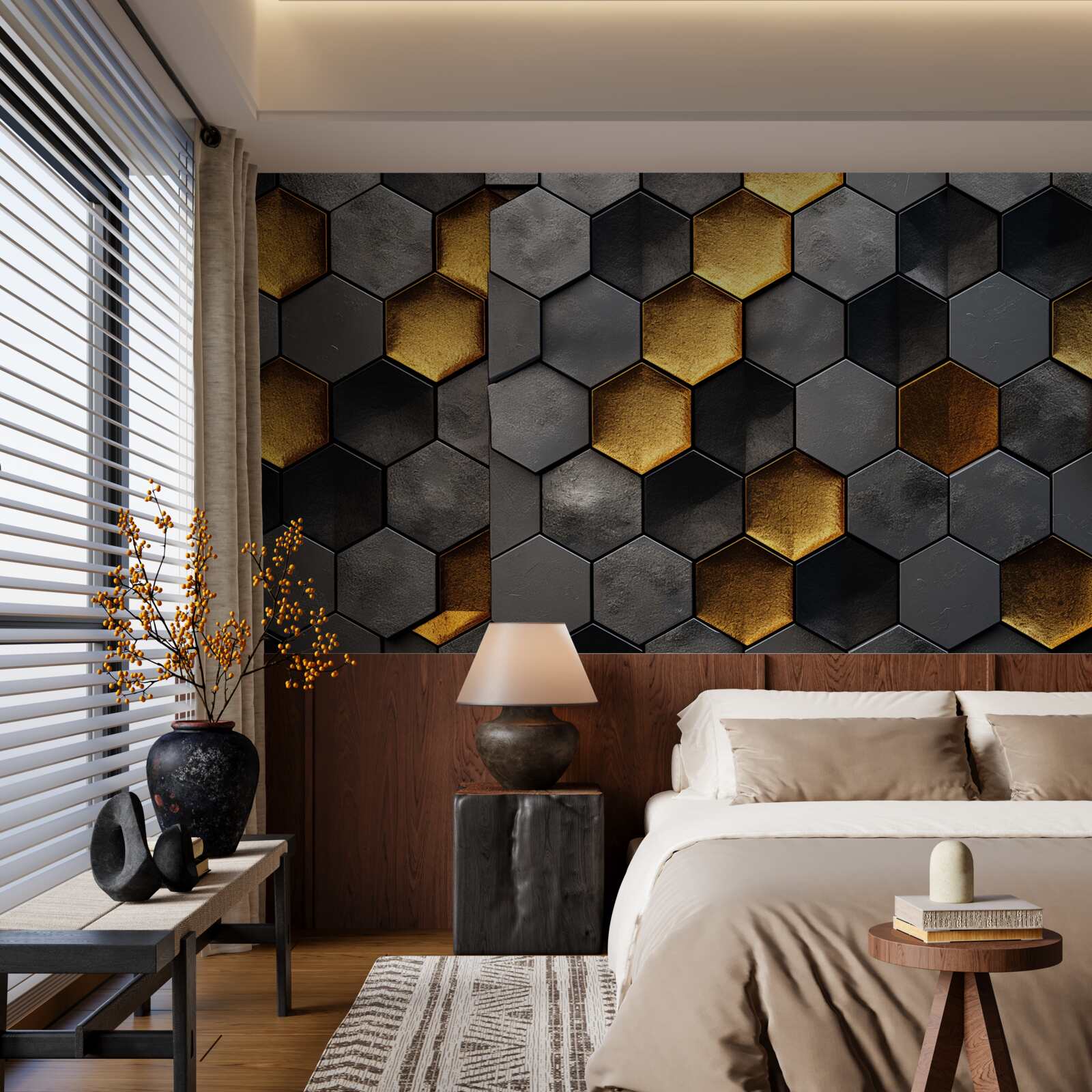 Fototapet simulare de stupi de albine cu aur