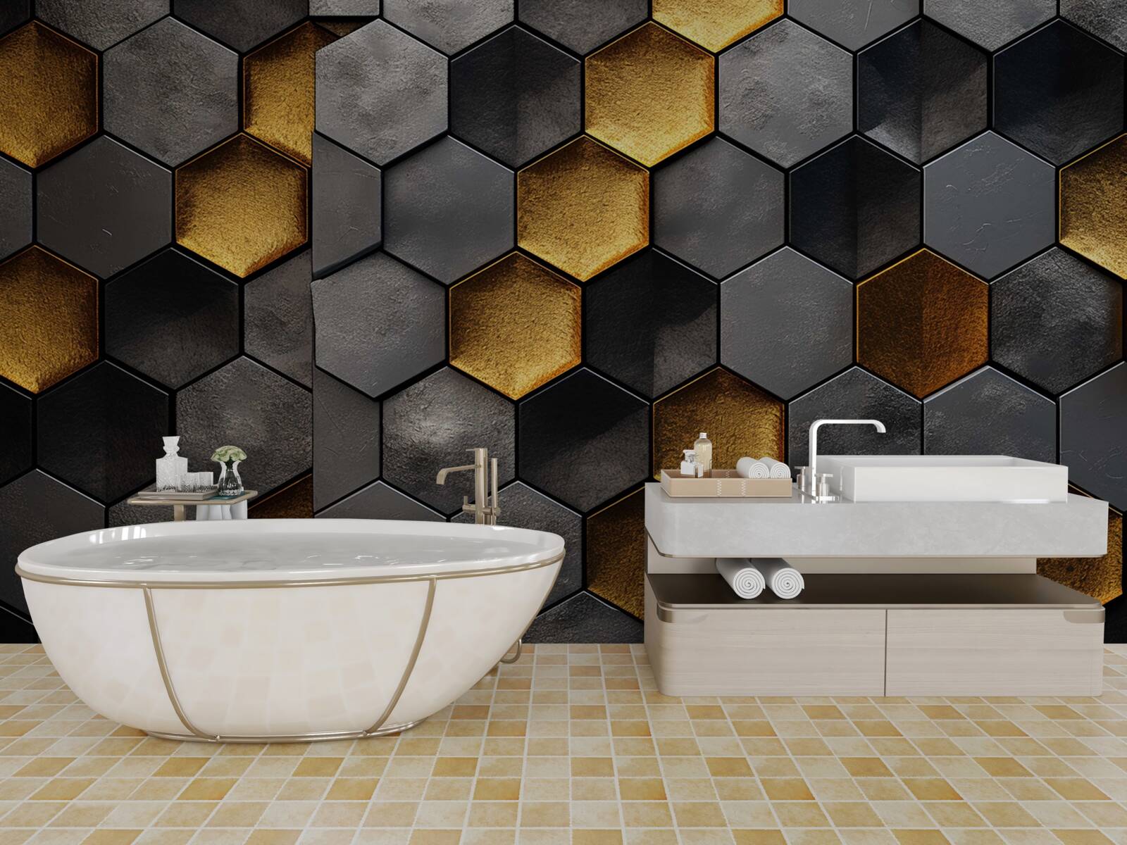 Fototapet simulare de stupi de albine cu aur