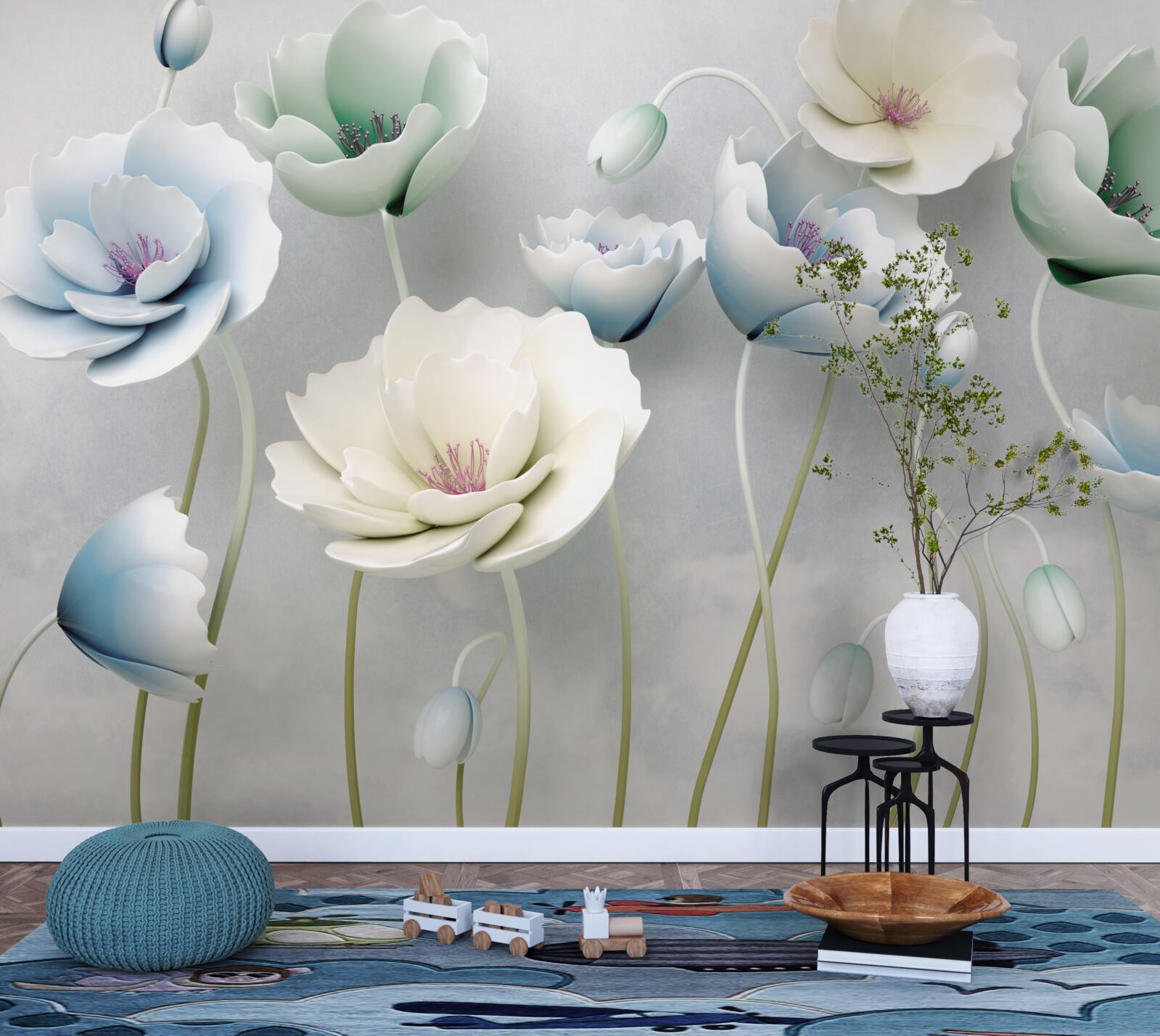 Fototapet picături de apă pe maci subțiri de diferite nuanțe