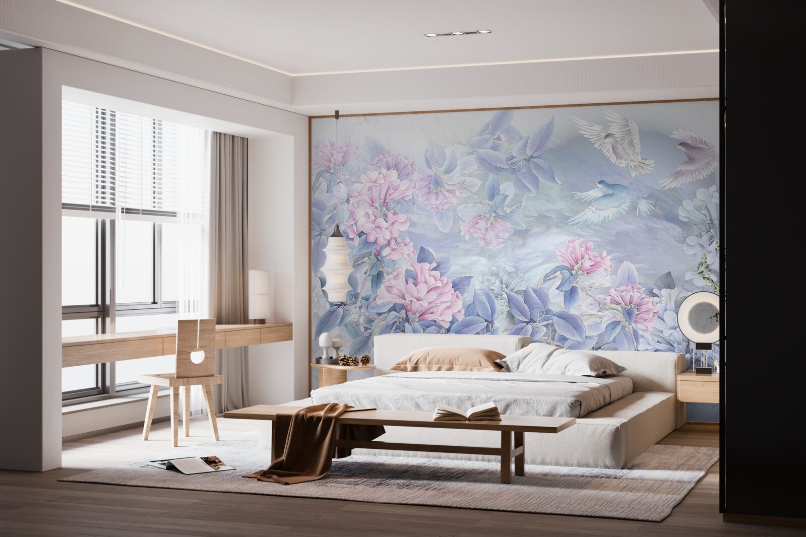 Fototapet ramurile sunt albastre, acoperite cu flori roz