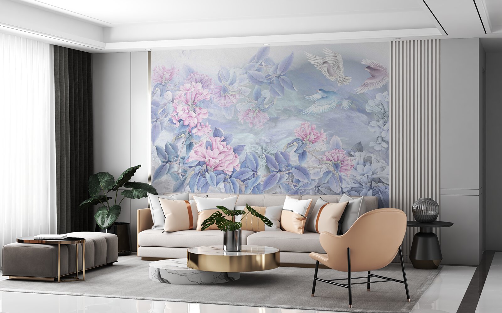 Fototapet ramurile sunt albastre, acoperite cu flori roz