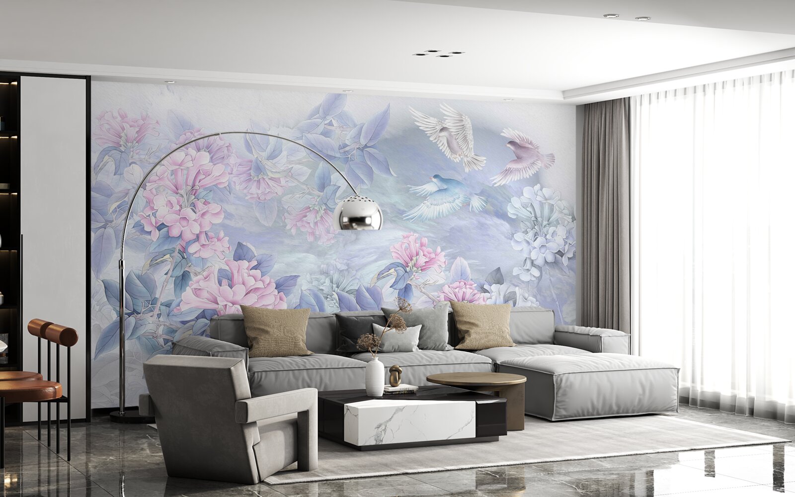 Fototapet ramurile sunt albastre, acoperite cu flori roz