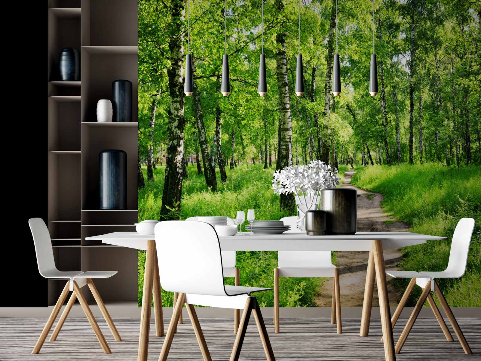 Fototapet Cărare printr-o livadă de mesteceni