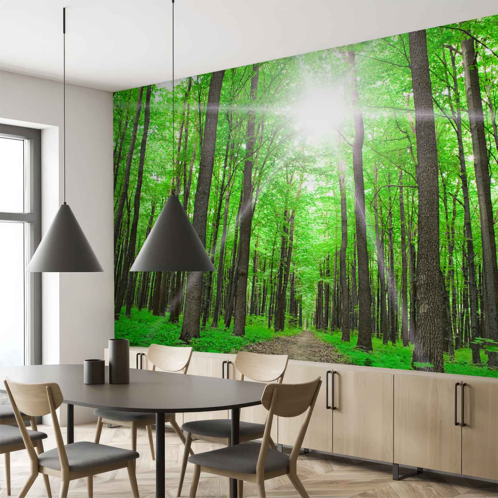 Fototapet lucarnă luminoasă în verdele dens al copacilor