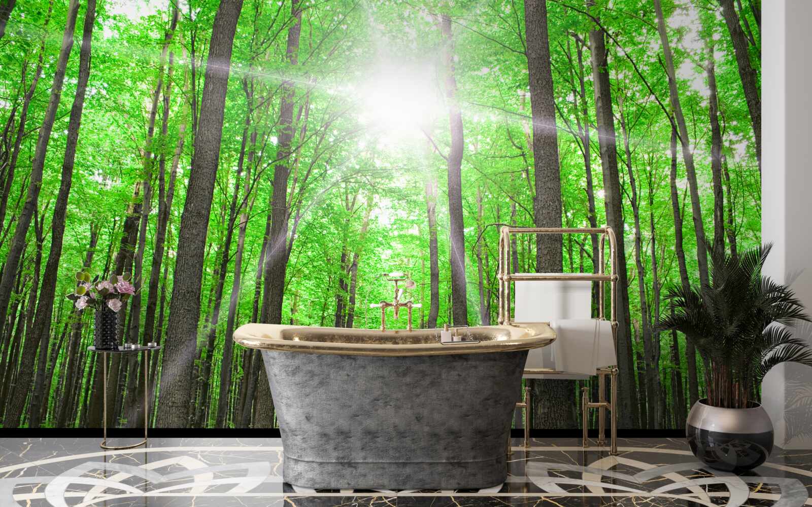 Fototapet lucarnă luminoasă în verdele dens al copacilor