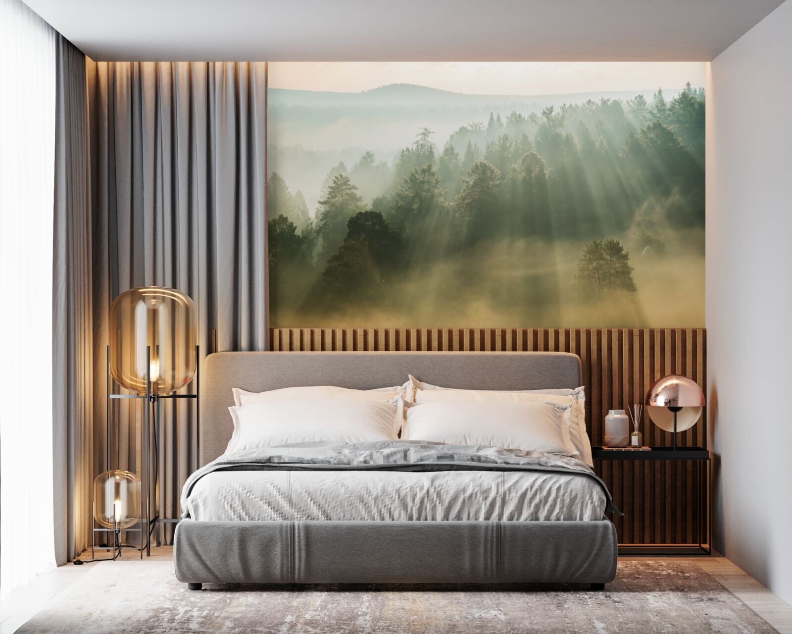 Fototapet în pădure, ceața groasă se risipește sub influența soarelui