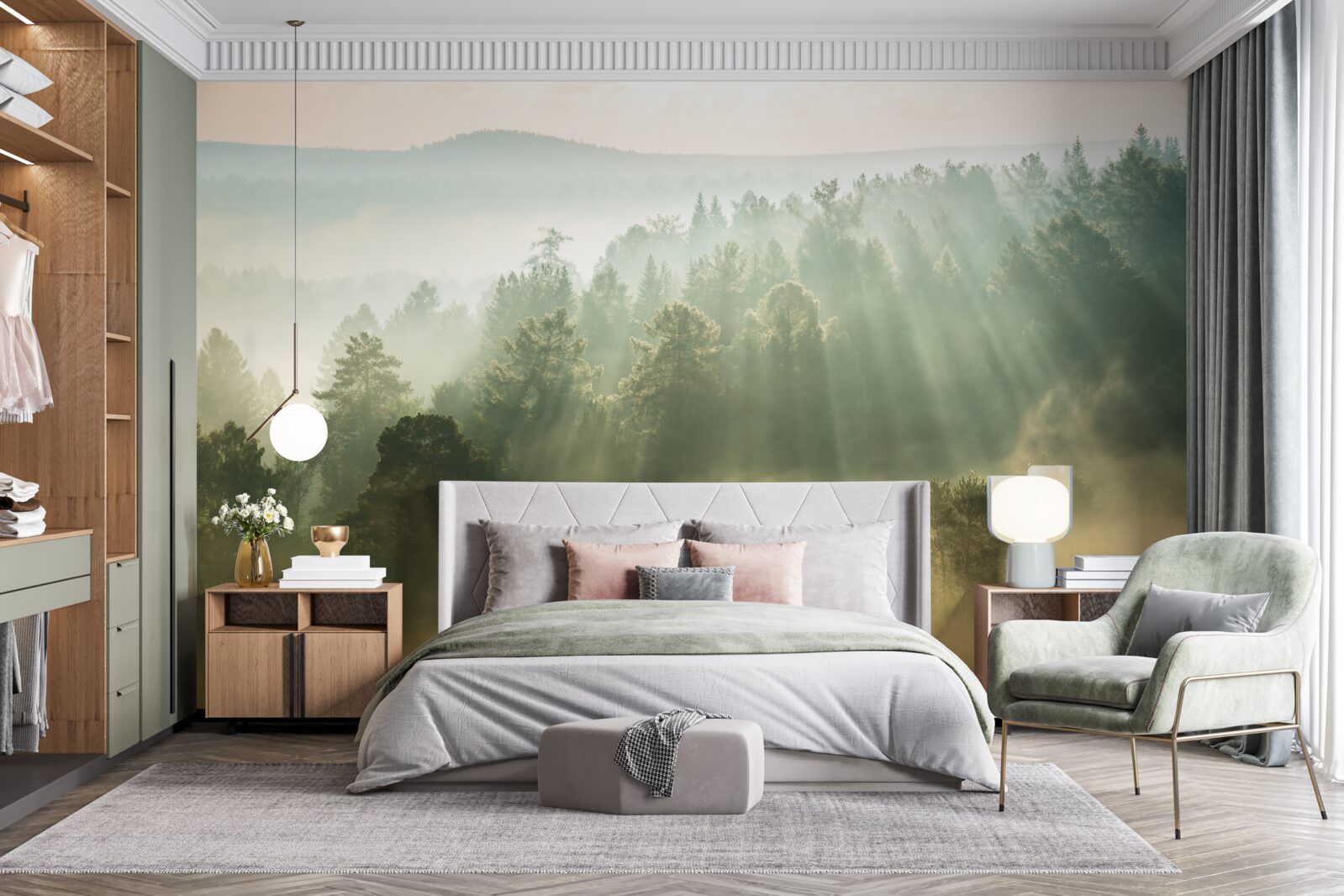 Fototapet în pădure, ceața groasă se risipește sub influența soarelui