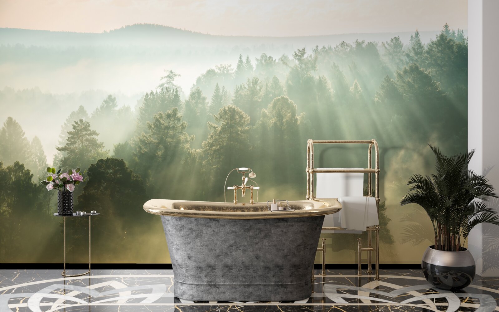 Fototapet în pădure, ceața groasă se risipește sub influența soarelui